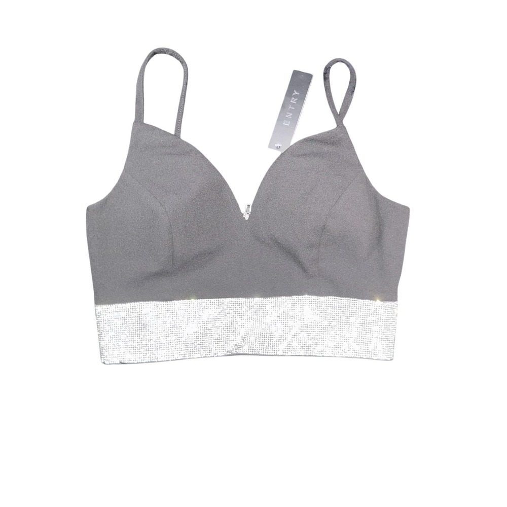 Entry Crop Top Womens Medium Black Silver Rhinestone Bra Cami Tank Party NWT
